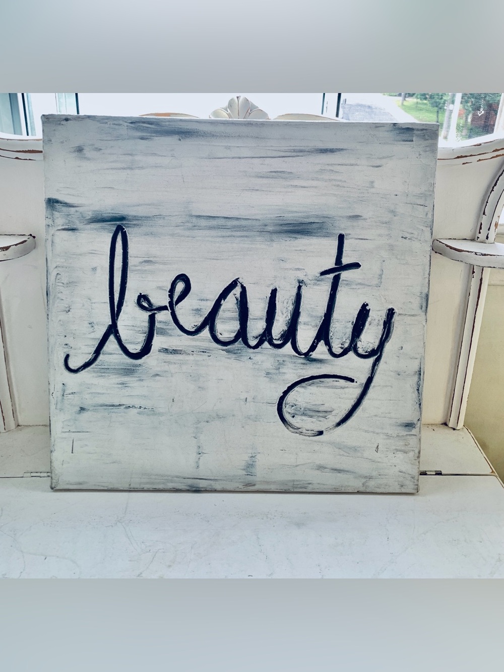 Elegant Painting of word “beauty” in script, black/white 18”by 18” by 1” deep🤍🖤